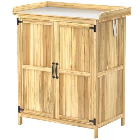 Outsunny Outdoor Storage Cabinet, Garden Tool Shed with Metal Tabletop, Shelf, Wooden Potting Bench with 2 Doors, Natural Wood