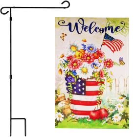 Combo Pack Garden Flag Stand Black 36x 16 in & Garden Flag 12x18 in Patriotic Decoration Welcome USA Flag Flower Pot Double-Sided Blockout Fabric