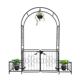 7.2FT Black Metal Garden Arbor with Arched Top Gate and Planter Boxes 16MM Tubing Iron Arch Trellis for Climbing Plants Outdoor Patio Lawn Backya