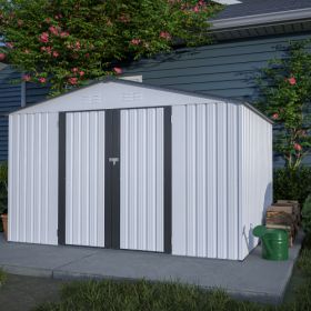10X8 FT Outdoor Storage Shed, All Weather Metal Sheds With Lockable Doors, Tool Shed For Garden, Patio, Backyard, Lawn, Grey (Color: White)