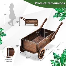 Wooden Wagon Planter Box With Wheels Handles And Drainage Hole (Option: Rustic Brown)
