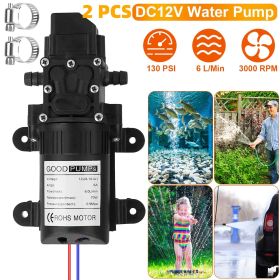 12V Water Pump with 2 Hose Clamps 130PSI Self Priming Sprayer Pump 70W Electric Diaphragm Water Pump 6L/Min for RV Camper Marine Boat (amount: 2 pcs)